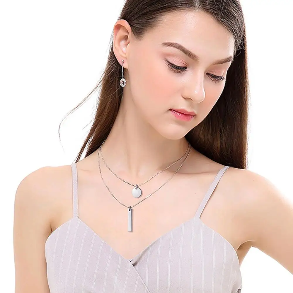

Creative Combination Double Layer Rectangle Necklace Simple Style Jewelry Charm Wild Female Necklace Clavicle Coin Long Pendant