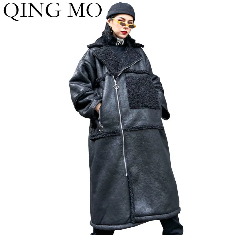 QING MO Черное Женское пальто из искусственной кожи 2019 женский зимний толстый
