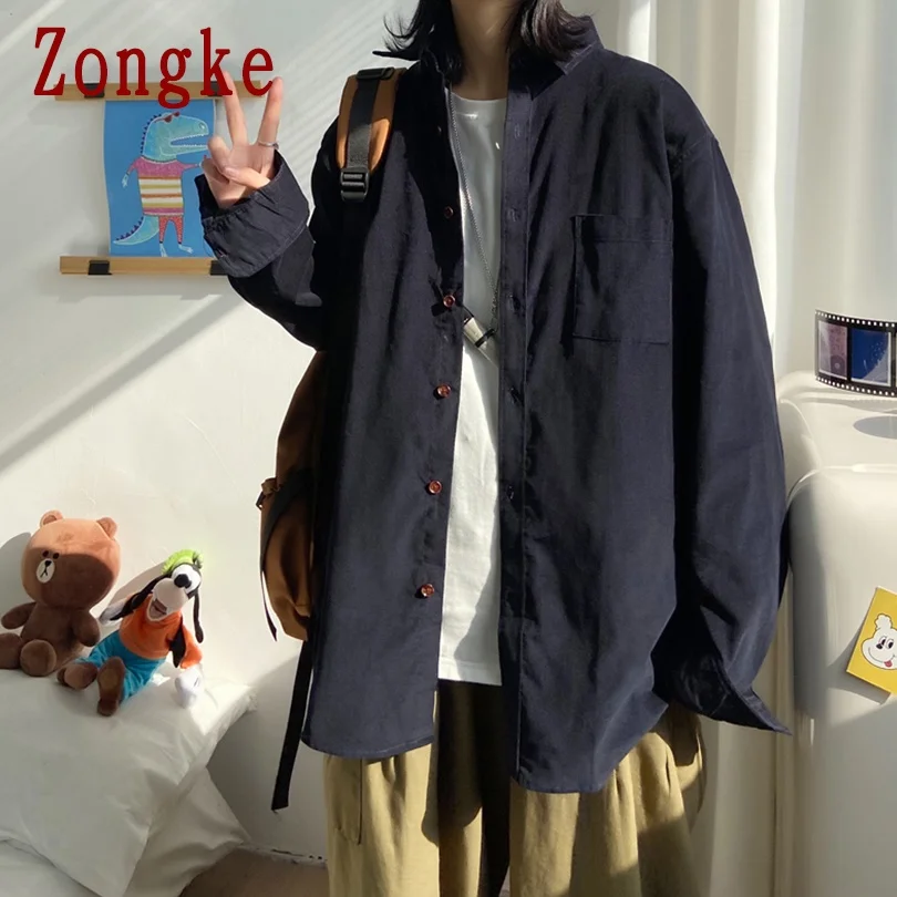 

Zongke Corduroy Casual Shirts For Men Clothing Corduroy Pink Shirt Men Streetwear Men Shirt Long Sleeve M-3XL 2021 New Arrival