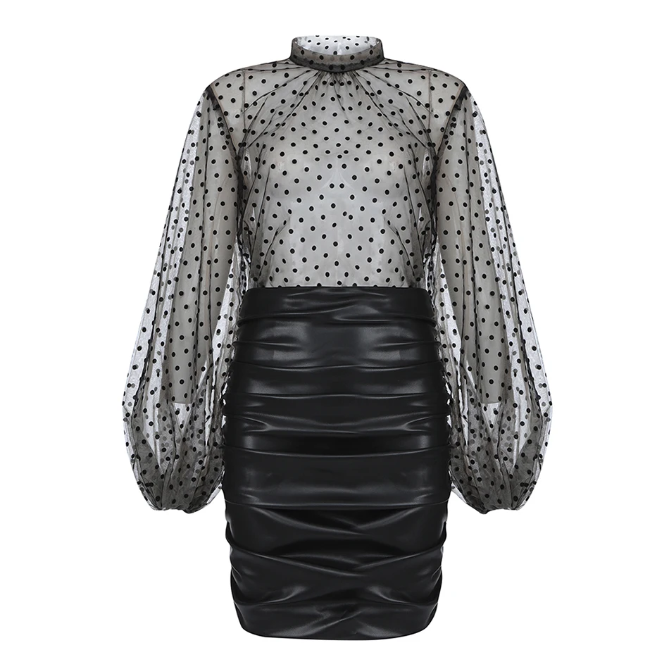 Ailigou Сексуальная Водолазка длинное Сетчатое платье фонарь с рукавом Топ Bodycon PU