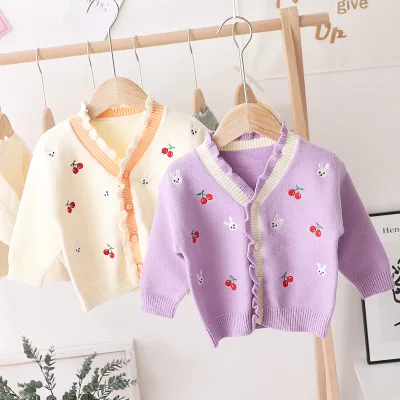 

Кардиган вязаный для девочек, на осень и зиму, с вышивкой и вишневым принтом, верхняя одежда для малышей, 2020