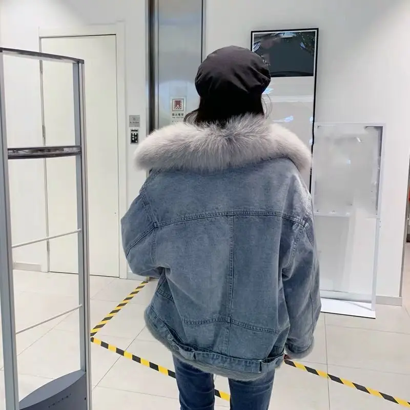 

Women Jacket Large Fur Collar Plus Velvet Denim Jacket Loose Jacket Cotton Coat 2019 Autumn And Winter New Style