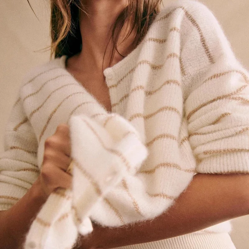 

Short Cardigan Jacket Women's knitted spring and autumn outside with 2021 new French lazy wind white stripe soft waxy sweater