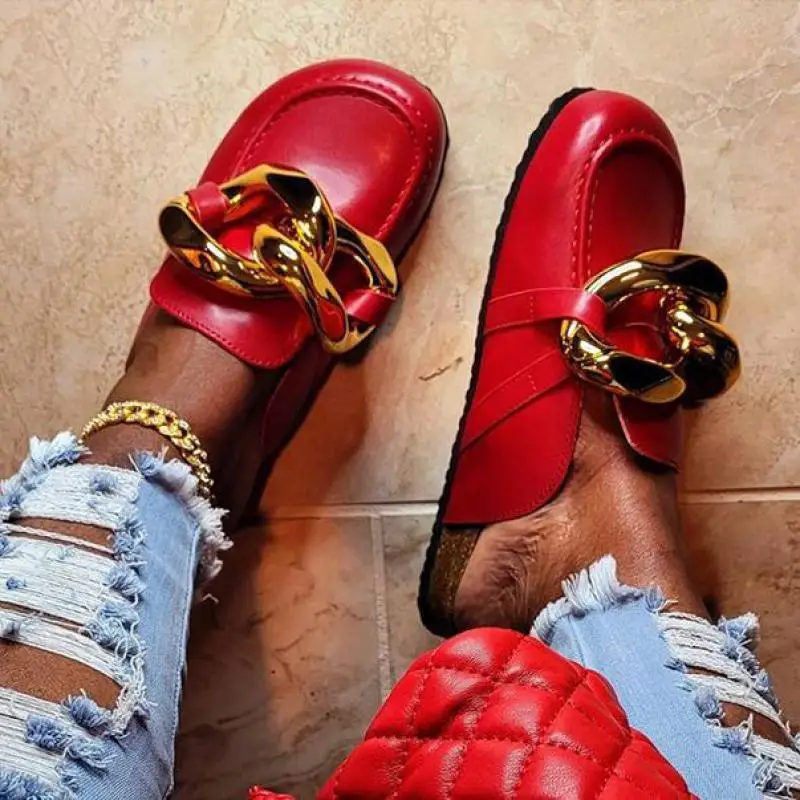 

Brand Design Gold Chain Women Slipper Closed Toe Slip On Mules Shoes Round Casual Slides Flip Flop Plus Size 36-43