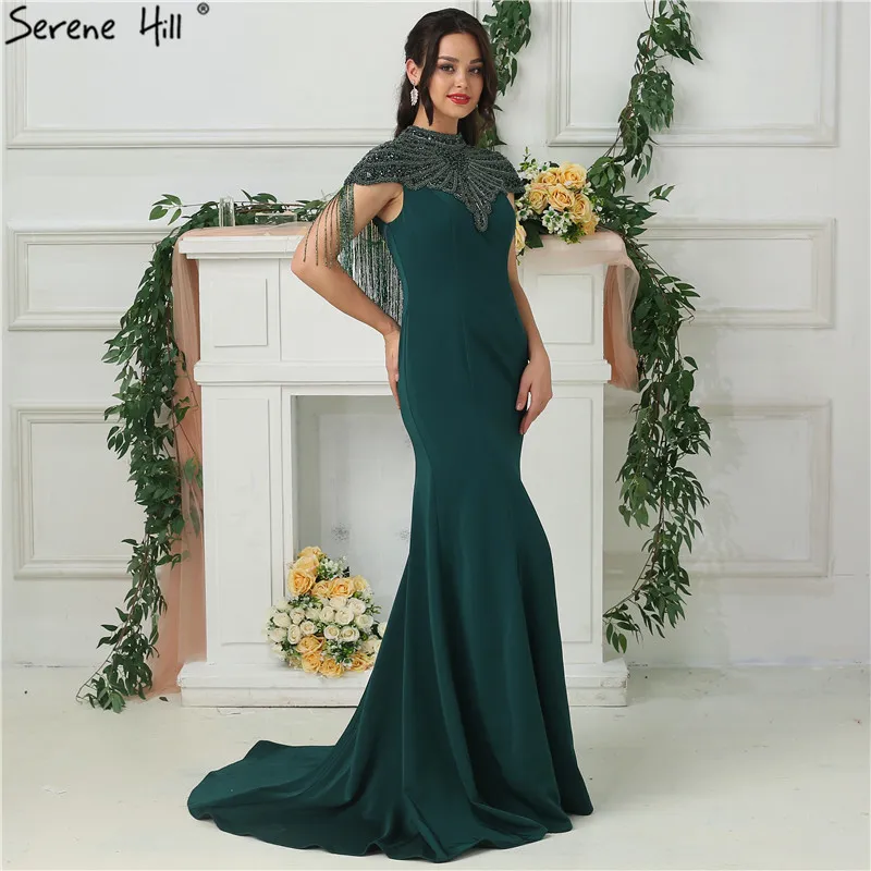 2020 темно зеленые вечерние платья с кисточками и высоким воротом модное платье