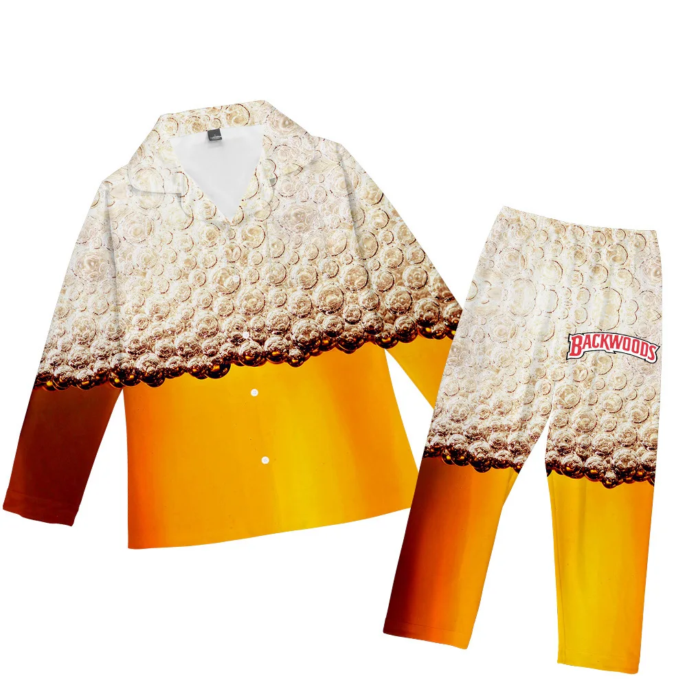 

2020 Creative BACKWOODS Summer Silk Women/Men Long Sleeve Pajamas Sets With Pants Silk Pijama Home Sleepwear Satin Pyjamas