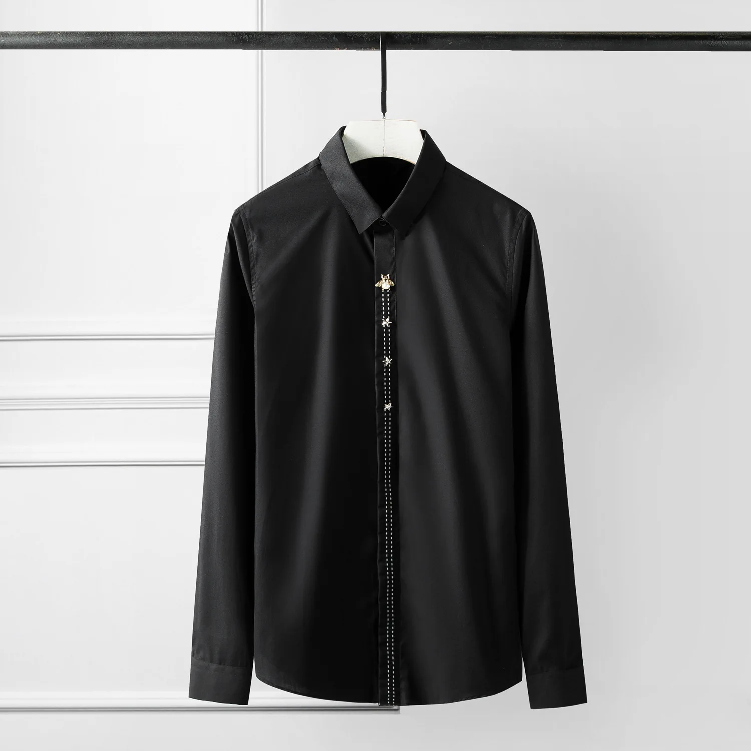 

Mens Shirts Luxury Bee And Five-pointed Star Long Sleeve Mens Dress Shirts Fashion Casual Slim Fit Party Shirt Man 4XL