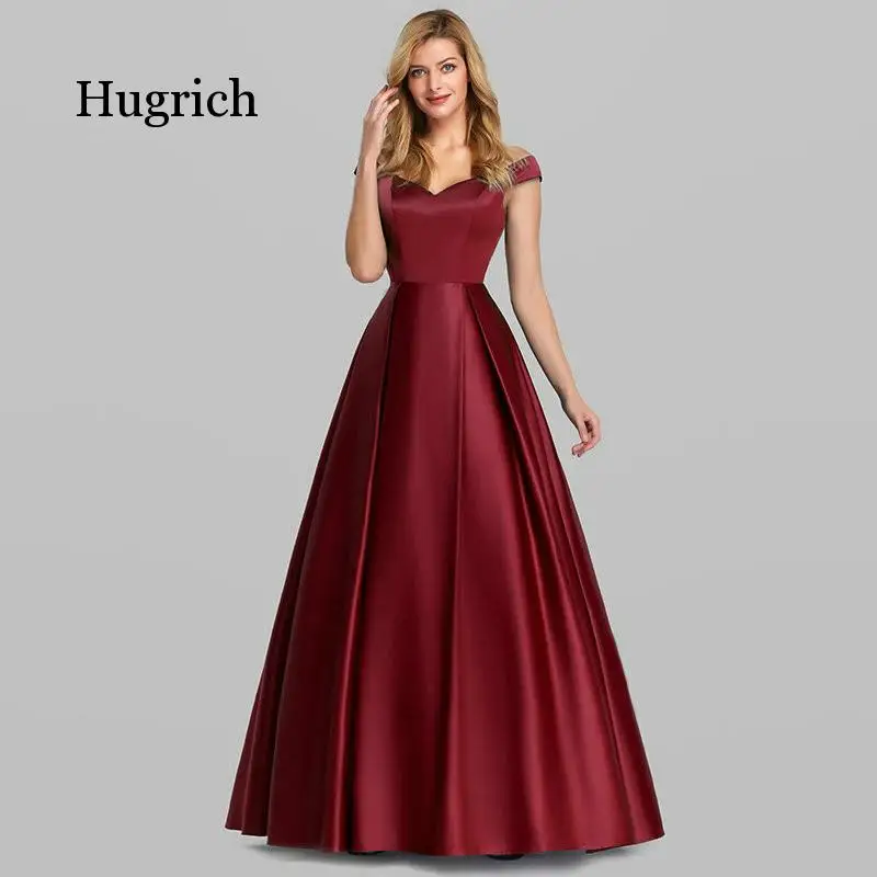 

Elegant Burgundy Satin Dress Long Pretty New a Line V Neck Off Shoulder Vestidos De Gala Dress