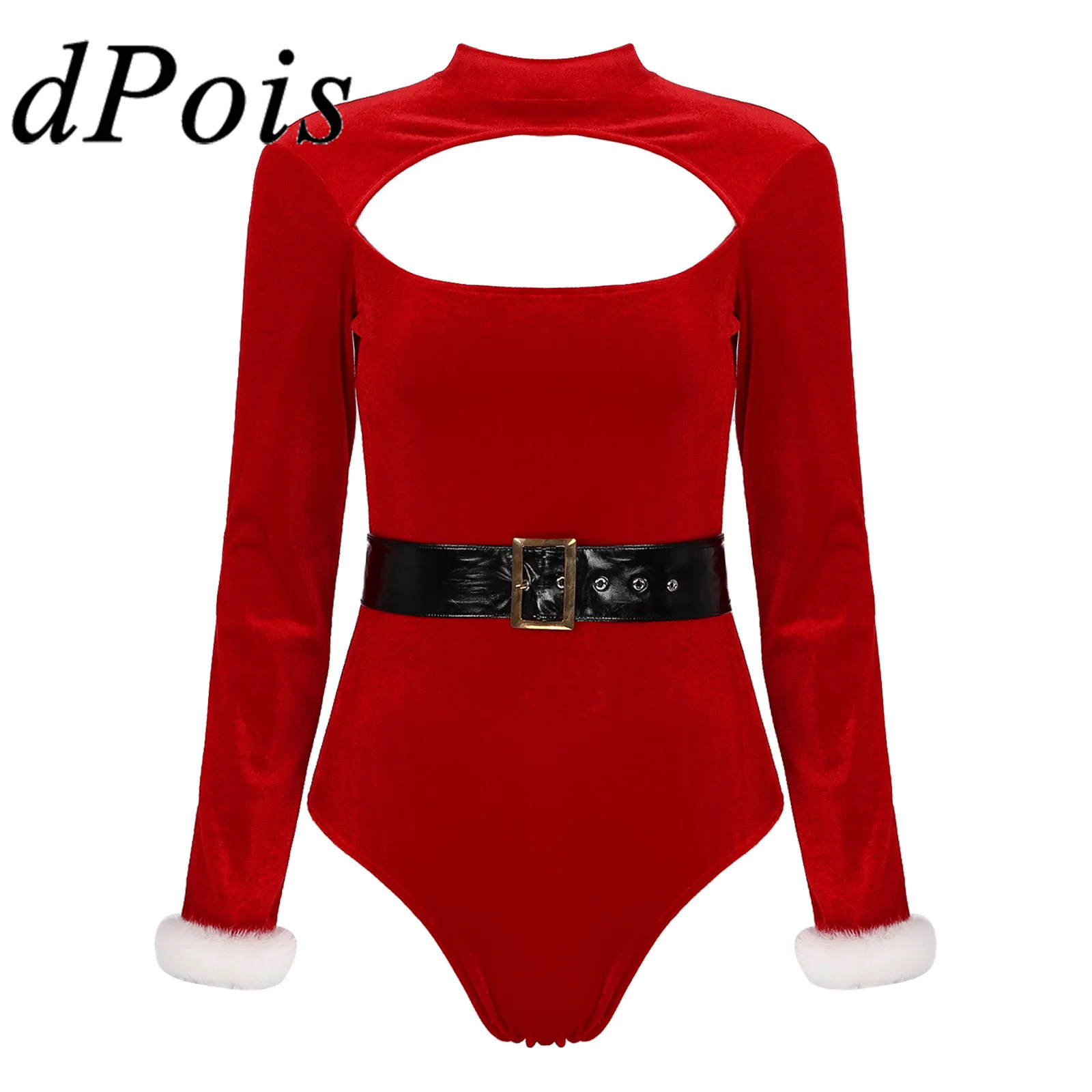 

Red Women Bodysuits Christmas Santa Cosplay Lingerie Jumpsuit Long Sleeves Front Cutout Faux Fur Trimmed Bodysuit with Belt