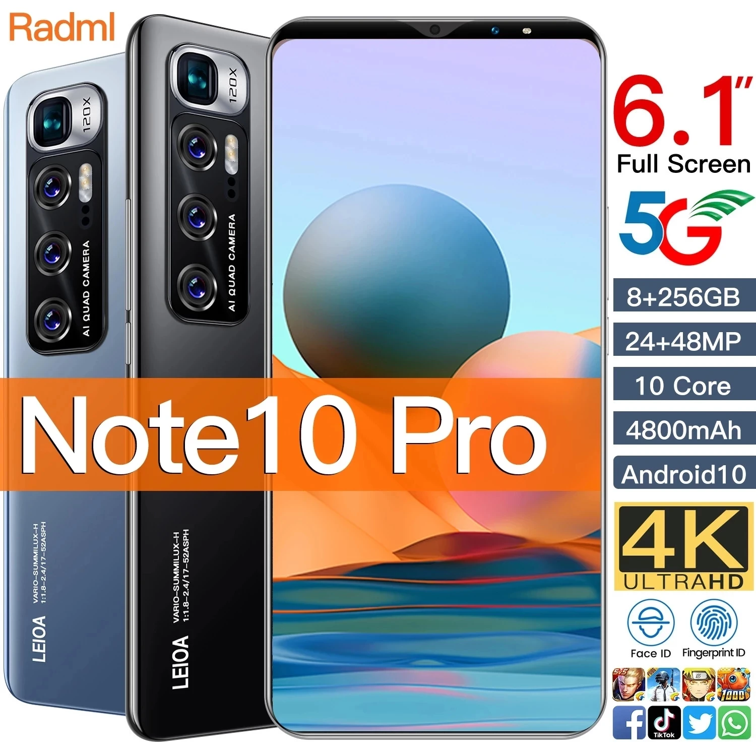 Смартфон глобальная версия Note10 Pro 6 1 дюйма 12 + 512 ГБ камера 48 МП поддержка GPS 5000 мАч