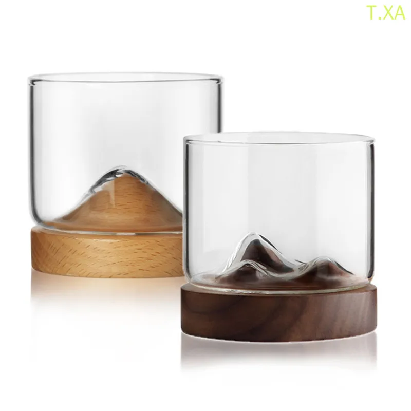

Mountain modeling Whiskey Clear Glass with Wood Base Creative Heat Resistant Tumbler for Beer Wine Water Tea Bar Glasses Set