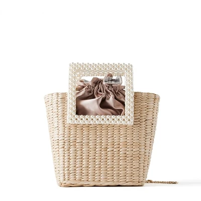 

New Bohemian Bag with Pearl Ladies Hand Bags Straw Basket Tote Crossbody Messenger Bag for Womens Handbags and Purses