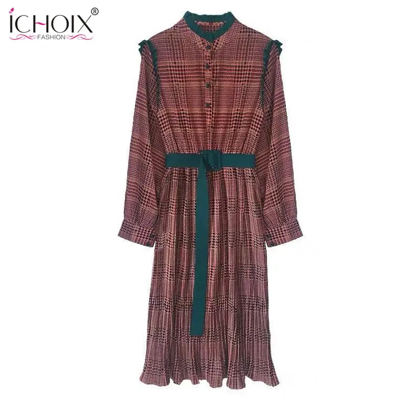 

ICHOIX Plaid Long-sleeved Dress Women's 2020 New Autumn Vintage Slim Waist Dress Mid-length Elegant Sashes Dresses