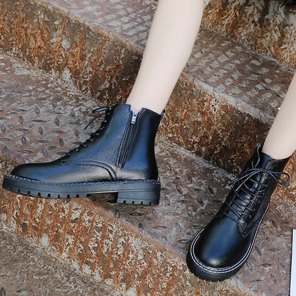 

SAGACE Shoes Woman Ankle Boots For Women 2019 Fashion Pure Color Round Toe Lace-Up Winter Boots Women Chunky Heels Vintage