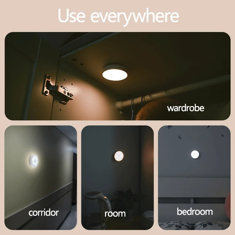 

LED motion sensor night light USB rechargeable round square night lights for bedroom wardrobe kitchen cabinet induction lighting