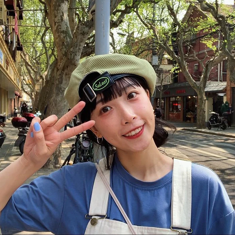 Берет Foux женский клетчатый полосатый в японском стиле с надписью дизайнерские