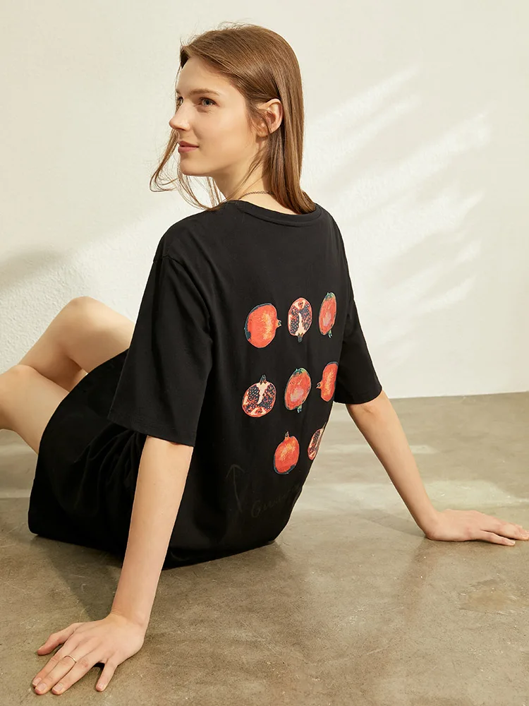 

Amii Minimalism Summer New Women's Dress Fashion 100%Cotton Oneck Loose Printed Knee-length Causal Dress For Women 12020091