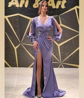 purple v neck long sleeve prom dresses 2022 luxury crystal satin slit mermaid dubai evening gowns vestidos elegantes para mujer