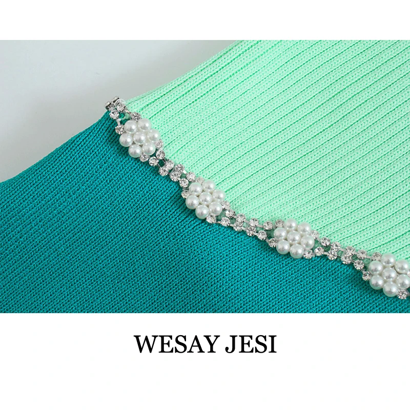 

WESAY JESI Summer Casual Dress Woman 2021 Fashion Vintage Slim Fitting Chic Contrasting Color Jewellery Knitted Zipper Female