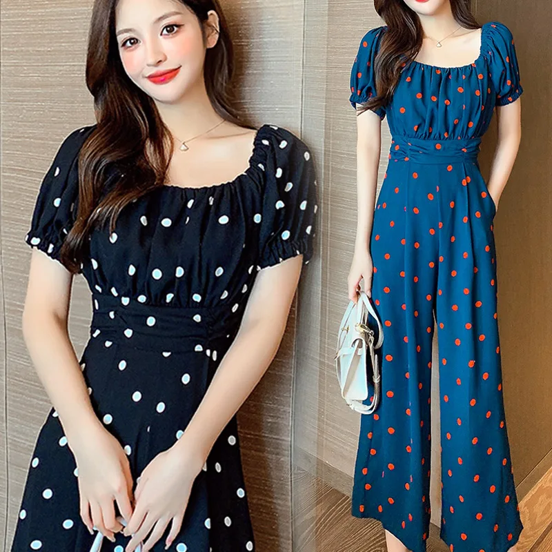 

Formal Fashion Polka Dot Elegant Summer Jumpsuit Women 2021 Wide Leg Jumpsuits High Waist Long Rompers For Women Office Lady