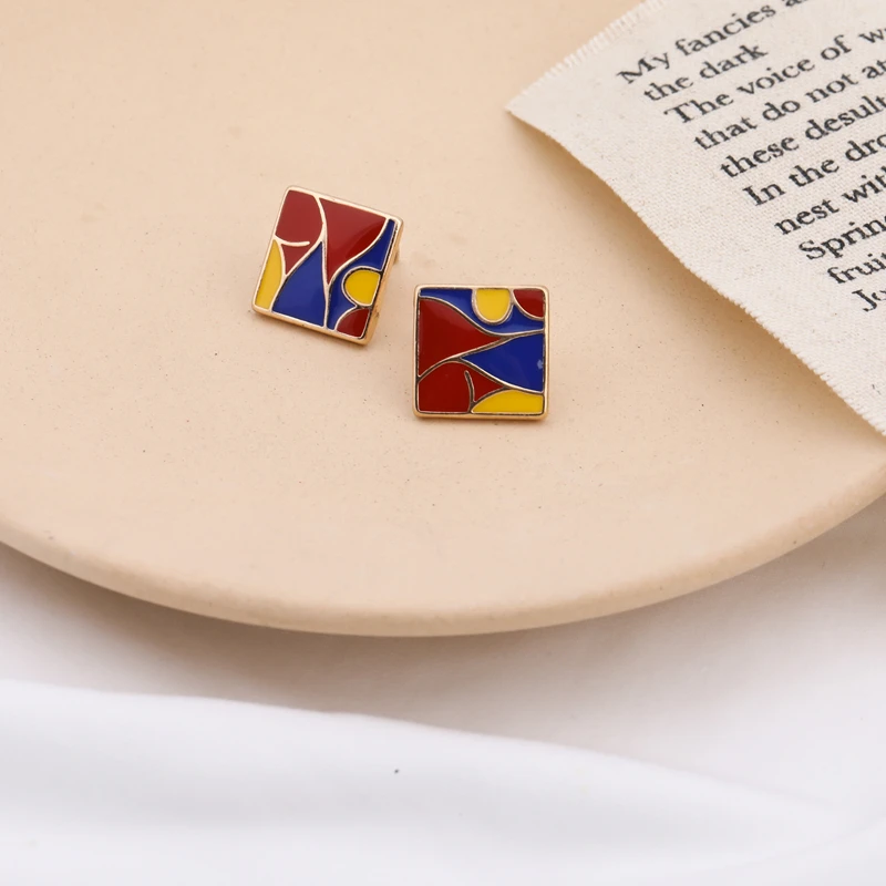 Серьги с эмалью Красного желтого синего цветов в Европейском стиле маленькие