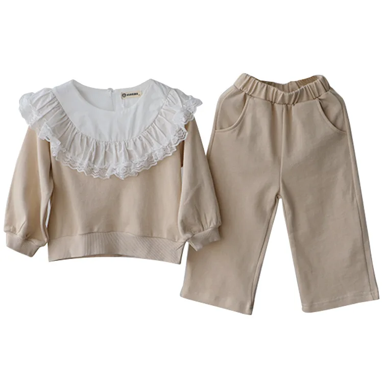 

2021 spring Korean baby clothes girls lace collar leisure cotton fleece long sleeve sweatshirt and pant two piece sets