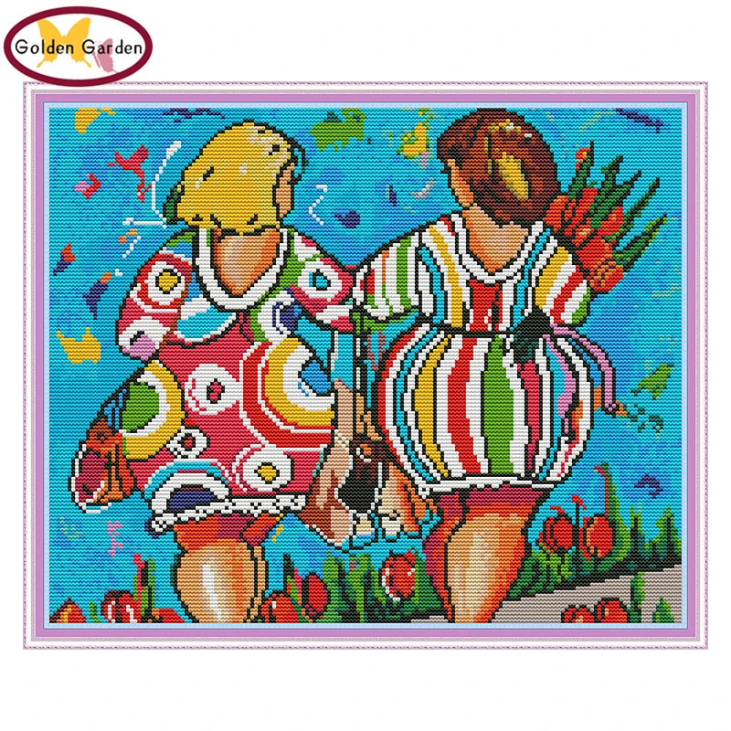 

GG Two Women Painting Cross Stitch Embroidery Needlework Set Joy Sunday 14CT11CT Handicraft Counted Cross Stitch for Home Decor