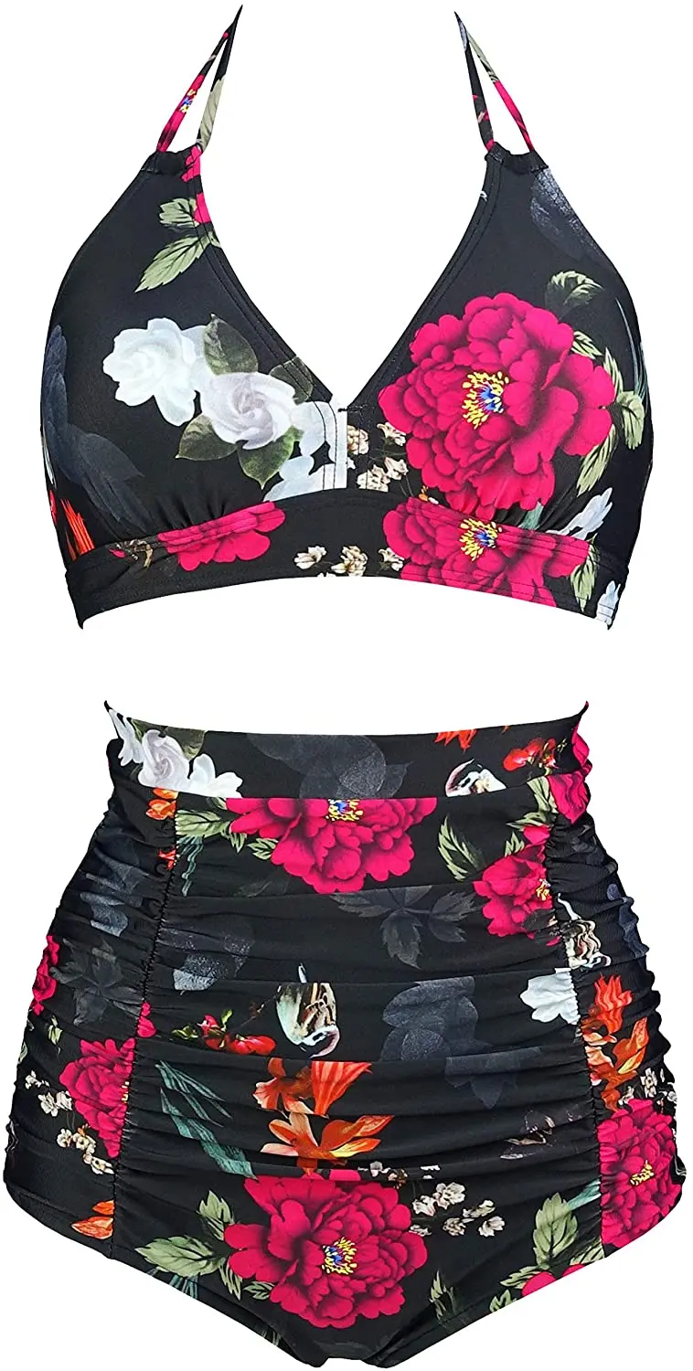 

COCOSHIP Retro 50s Black Pink Blue Floral Halter High Waist Bikini Set Halter Carnival Swimsuit(FBA)