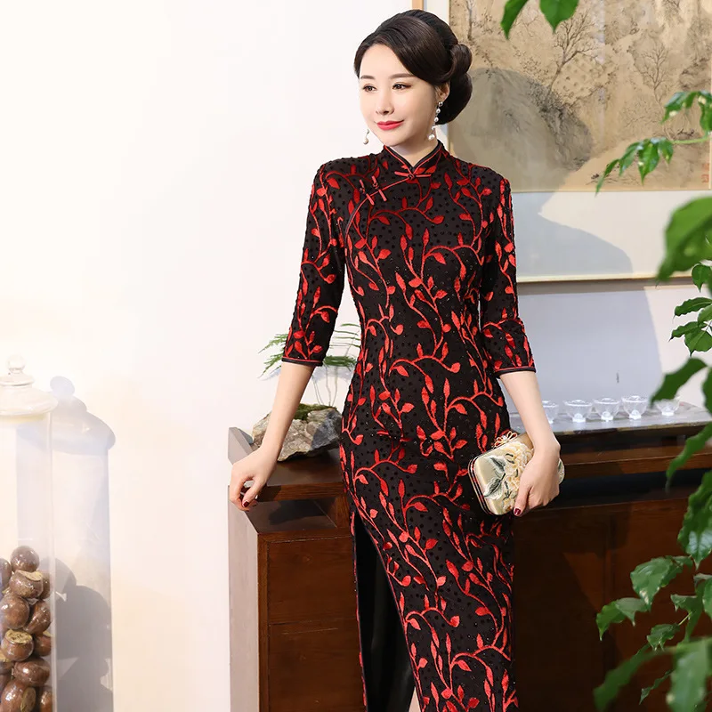 

Fashionable Satin Dress Improved Vintage Chinese Traditional Red Qipao Slit Long Cheongsam Sexy Elegant Party китайское платье