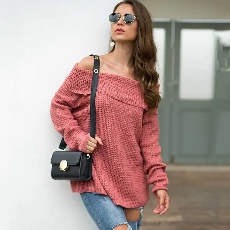 2019 Autumn Winter Off Shoulder Sweater Women Knitted Sweaters Ladies Warm Female Sexy Loose Black Pullovers | Женская одежда