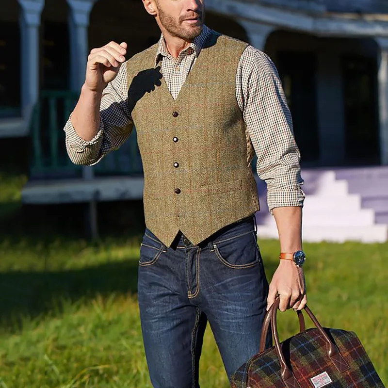 

Men's Suit Vest Boutique Wool Tweed Slim Fit Leisure Cotton Male Gentleman Beckham Business Waistcoat For Wedding Groomsmen