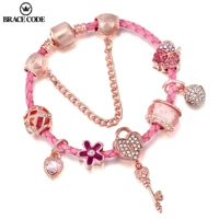 brace code genuine long double pink braided leather chain ladies bracelet with rose gold beads fine girl bracelet