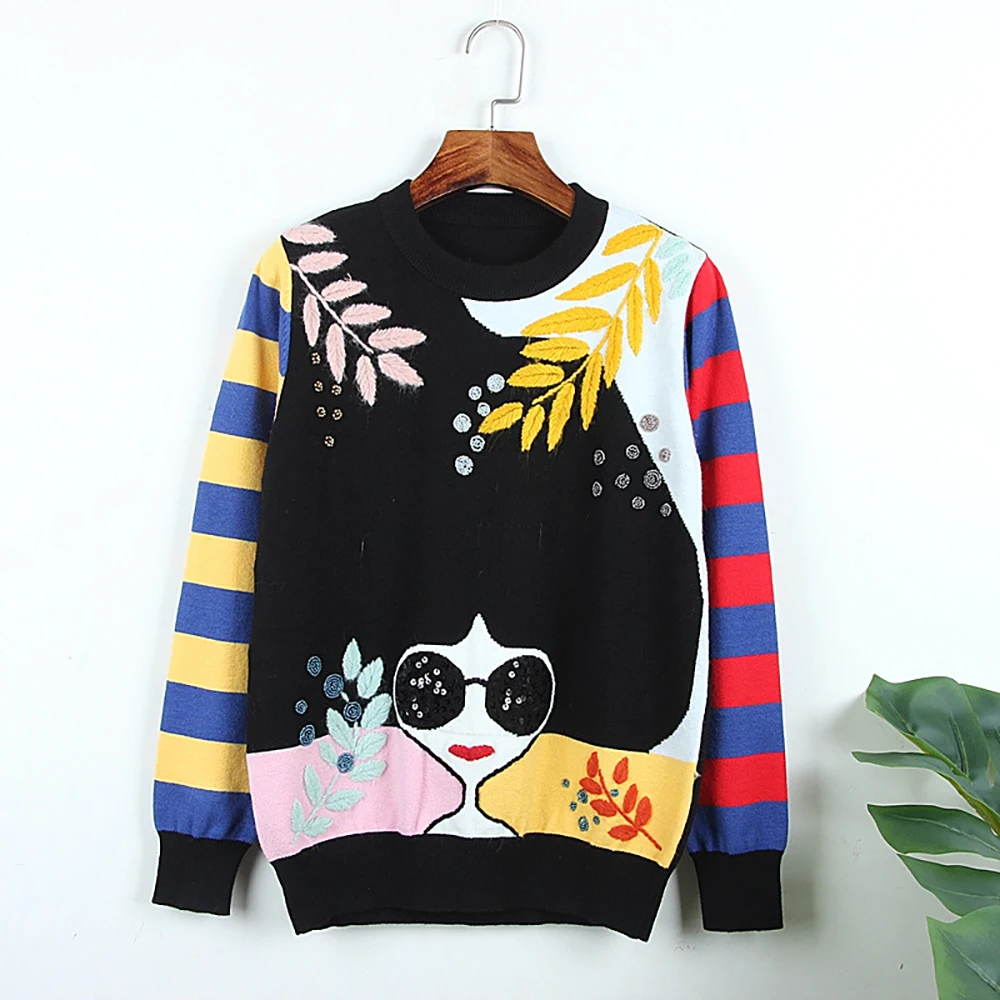 

Hand Hook Embroidery Leaf Stripe Sweater Autumn Winter Nail Bead Sequin Sunglasses Girls Color Matching Women's O Neck Pullover