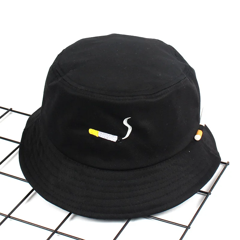 

2020 New Black Cigarette Fisherman Cap Female Embroidery Outdoor Travel Folding Basin Hat Male Street Personality Summer Sun Hat