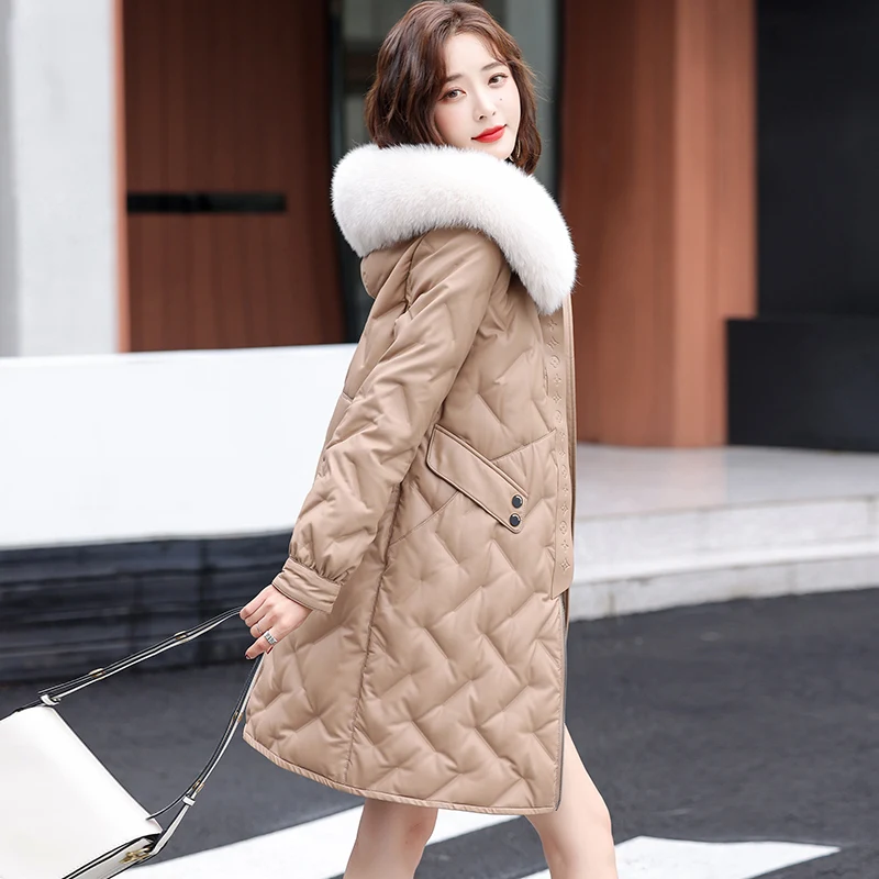 New Women Leather Down Coat Autumn Winter 2022 Fashion Hooded Fox Fur Collar Embossing Loose Thick Warm Sheepskin Down Jacket