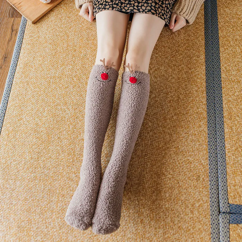 Новые Зимние коралловые флисовые однотонные гольфы для женщин с мультяшным