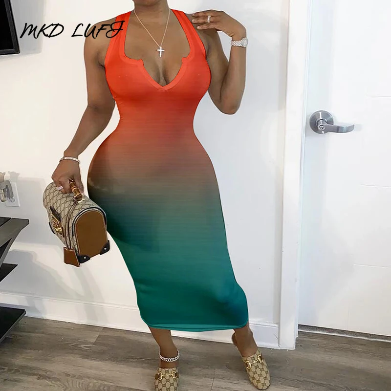 Mid-Calf Print Sleeveless Pullover Gradient Dress Women V Neck Thick Strap Sheath Bodycon Dresses | Женская одежда