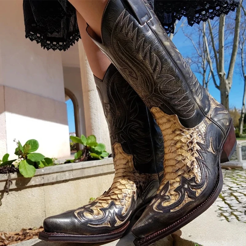 

Python Western Boot Colorblock Embroidery Men Boots Fashion Modern Shoes TC21