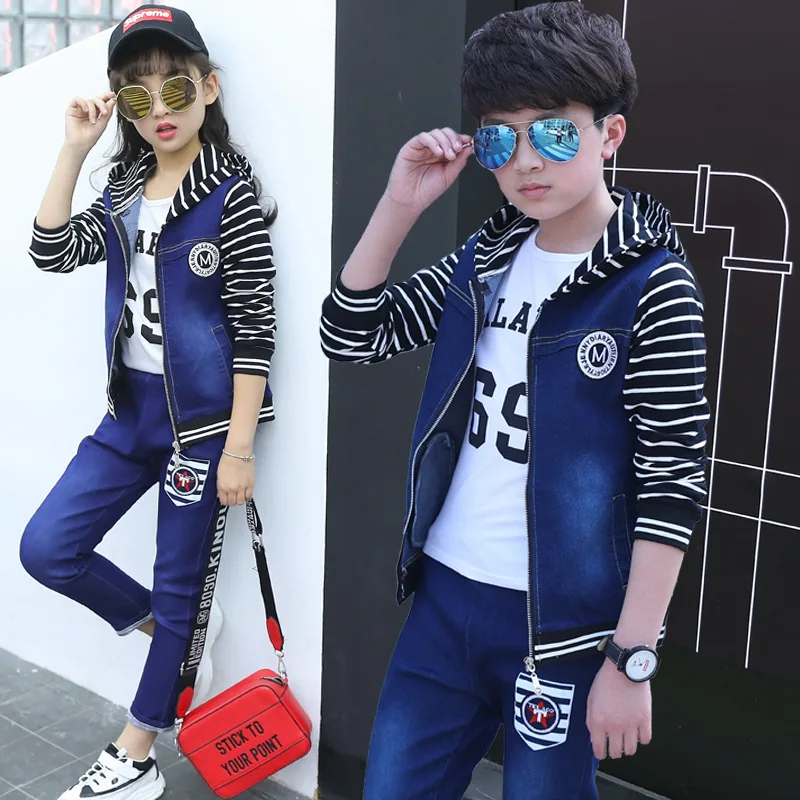 Джинсовый костюм с капюшоном для мальчиков и девочек ковбойский комплект из двух