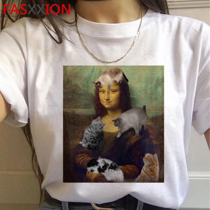 Mona Lisa Эстетическая забавная мультяшная футболка для женщин гранж Винтаж 90s