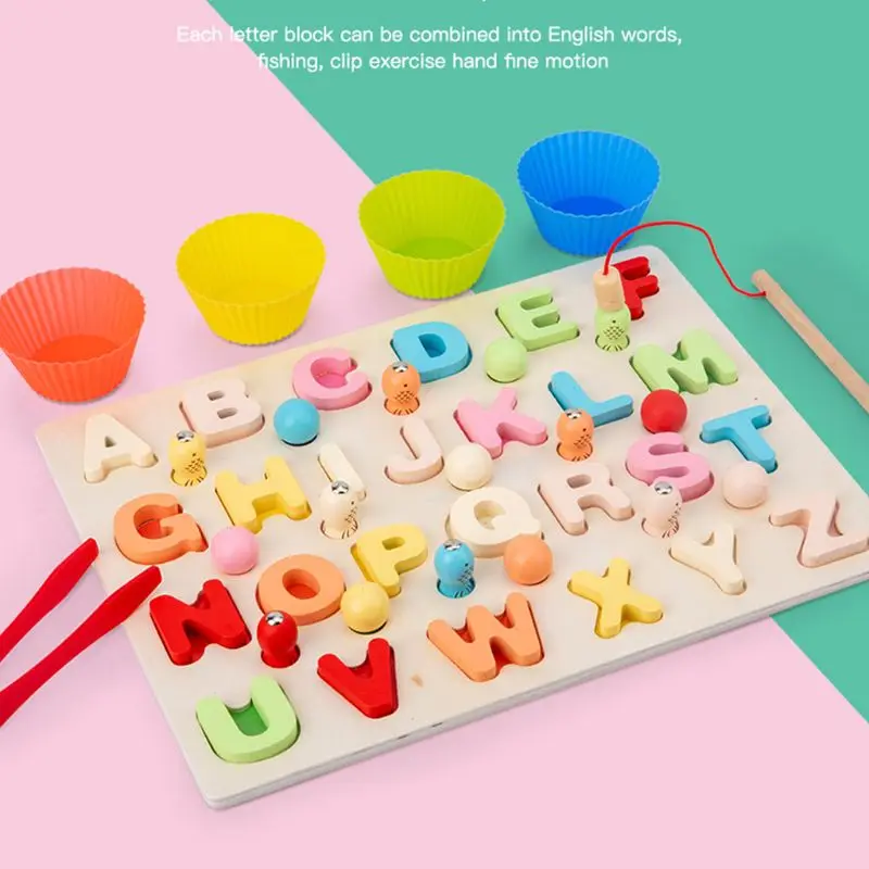 

3 in 1 Baby Montessori Educational Toys Wooden Fishing Counting Numbers Alphabet Magnetic Puzzle Matching Games