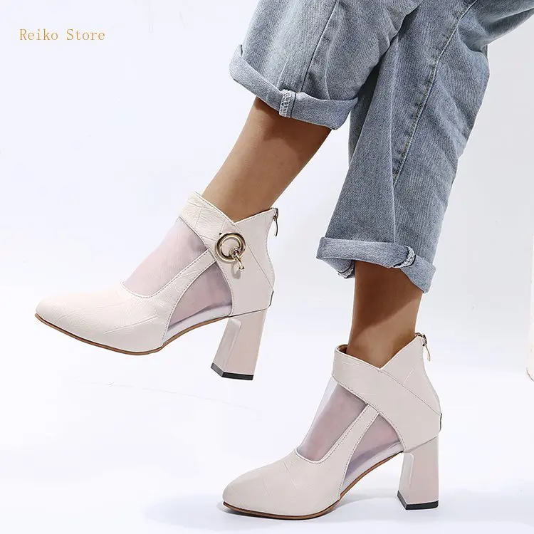 

2021 Summer New Shoes Women's Shoes 2021spring Mesh Shoes Zipper High Heel Deep Mouth Pointed Toe Chunky Heel Pu shoe for women