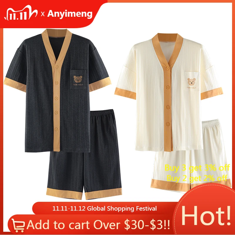 

Xfhh Couple Pajamas Japanese Kimono Style Night Pijamas Texture Cotton Short Sleeved Button Cardigan Pijamas Bear Printing