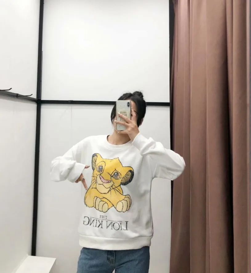 Женская толстовка с рисунком короля льва Simba, одежда с рисунком из мультфильма, осень, круглый вырез, длинный рукав, Свободный пуловер белого цвета