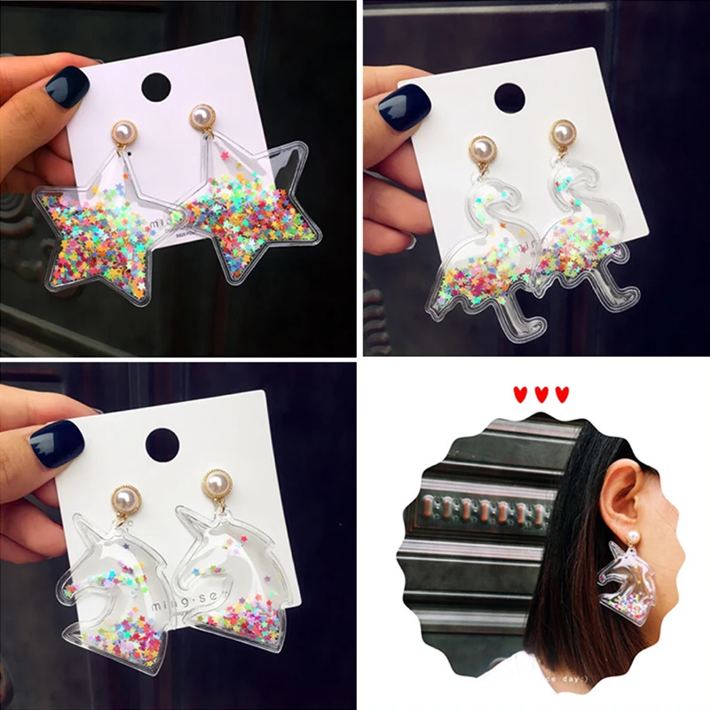 

Fashion Transparent Star Heart Stud Earrings for Women Cute Beads Rainbow Smiling Face Quicksand Dangle Earring Set Girl Jewelry