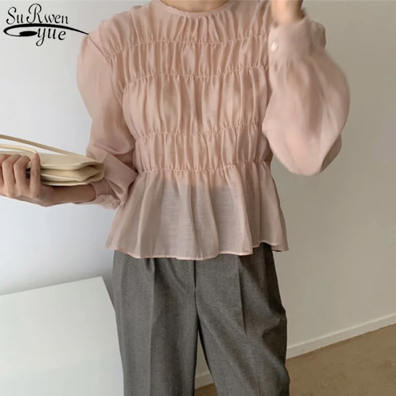 

2021 Spring Blusa O-Neck Puff Long Sleeve Blouse Korean Ins Solid Pleated Design Perspective Summer Shirt Fashion Clothing 11357