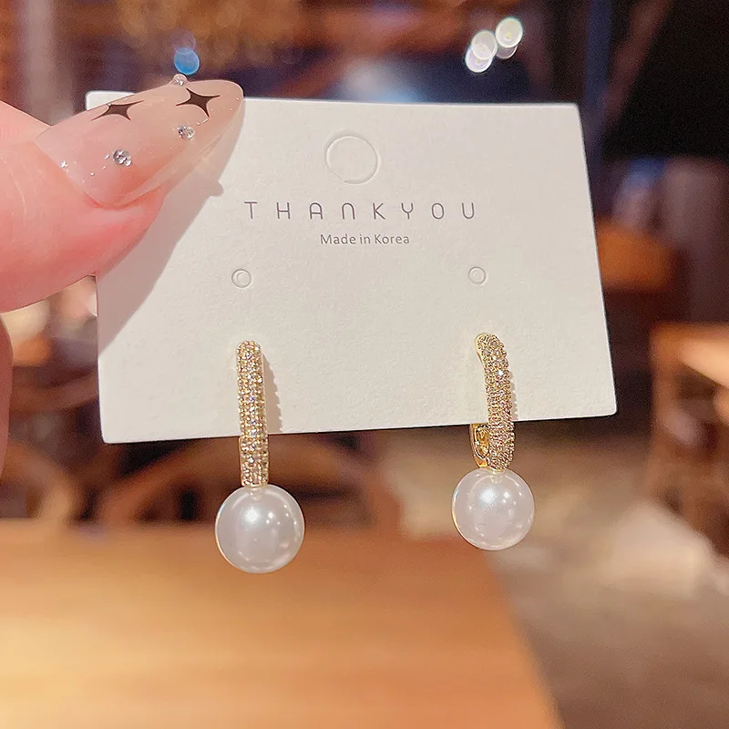 

S925 Silvers 2021 Diamonds Set Shiny Geometric Pearl Pendant Earrings for Women Korean Jewellery Earring Fashion