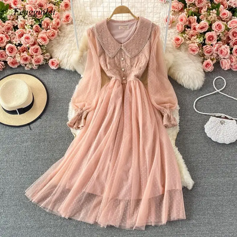 

Autumn and Winter Elegant Ladies Lace Pink Party Dress Long Lantern Sleeve Gothic Dress Retro A-Line Mid-Length Dress Belt