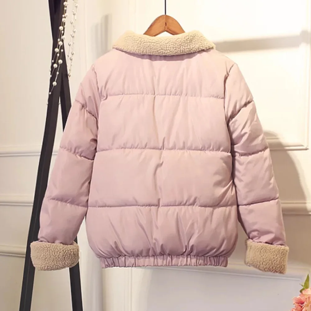 

Warm Winter Cotton Blend Short Outdoor Soft Long Sleeve Loose Students Lapel Women Jacket