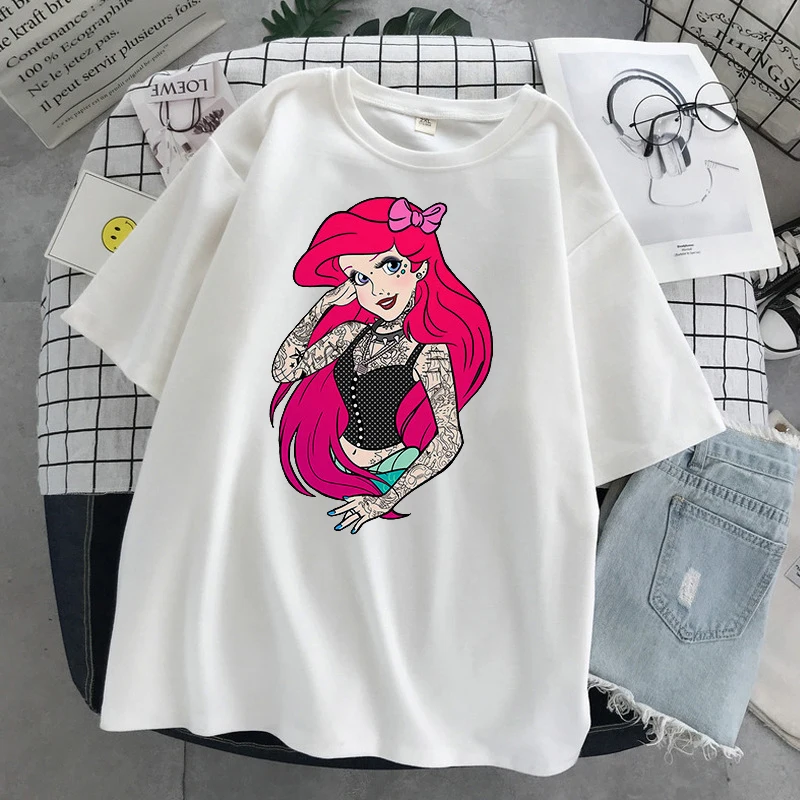 

Summer 2021Disney New Cartoon Snow White Belle Princess T Shirt O-Neck Aesthetics TShirt Print Short Sleeve Streetwear Women Top
